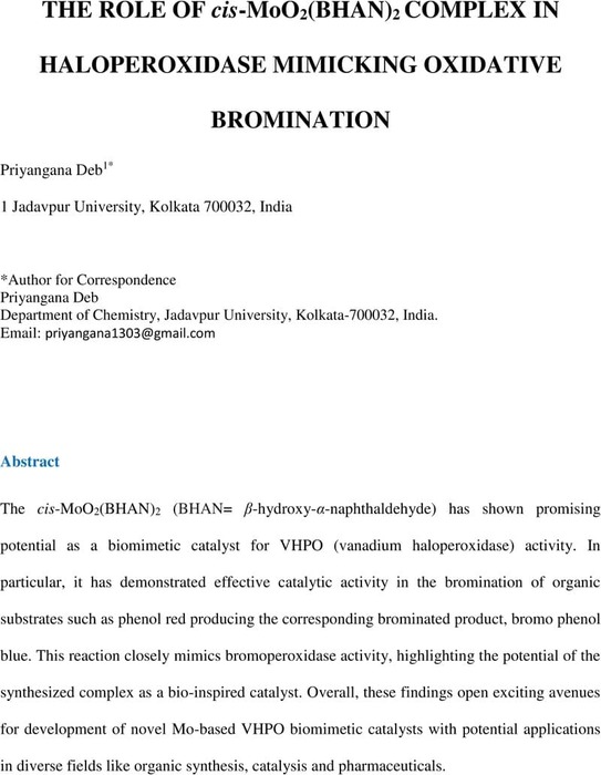 THE ROLE OF cis-MoO2(BHAN)2 COMPLEX IN HALOPEROXIDASE MIMICKING ...