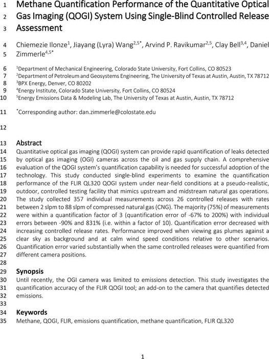 Methane Quantification Performance of the Quantitative Optical Gas ...