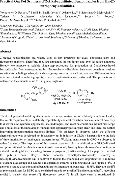 Practical One Pot Synthesis Of 2 Alkyl Substituted Benzothiazoles From Bis 2 Nitrophenyl