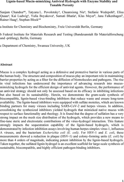 Lignin-based Mucin-mimicking Antiviral Hydrogels with Enzyme Stability ...