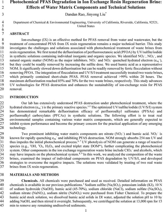 Photochemical PFAS Degradation in Ion Exchange Resin Regeneration Brine ...