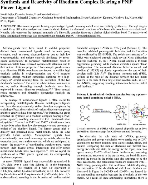 Synthesis and Reactivity of Rhodium Complex Bearing a PNiP Pincer ...