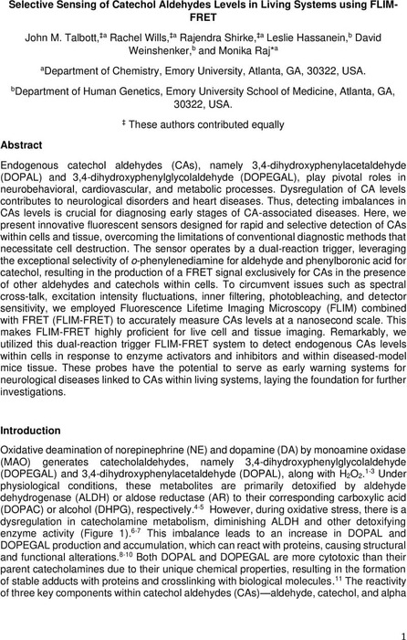 Selective Sensing of Catechol Aldehydes Levels in Living Systems using ...