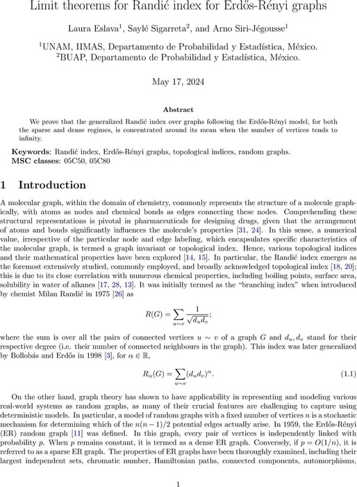 Limit theorems for Randić index for Erdos-Rényi graphs | Theoretical ...