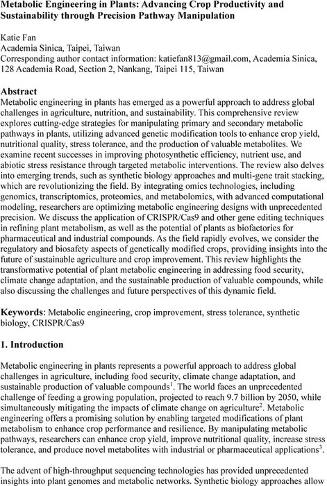 Metabolic Engineering in Plants: Advancing Crop Productivity and ...